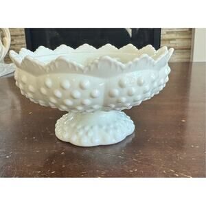Vintage 1950s–70s Fenton Milk Glass Hobnail Pedestal Flower Bowl Centerpiece